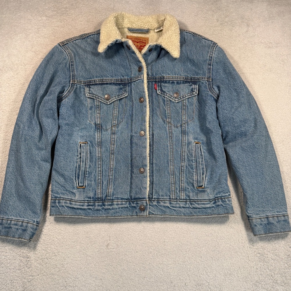 Levi's Sherpa Lined Denim Trucker Jacket Womens M Blue 100% Cotton Faux Fur